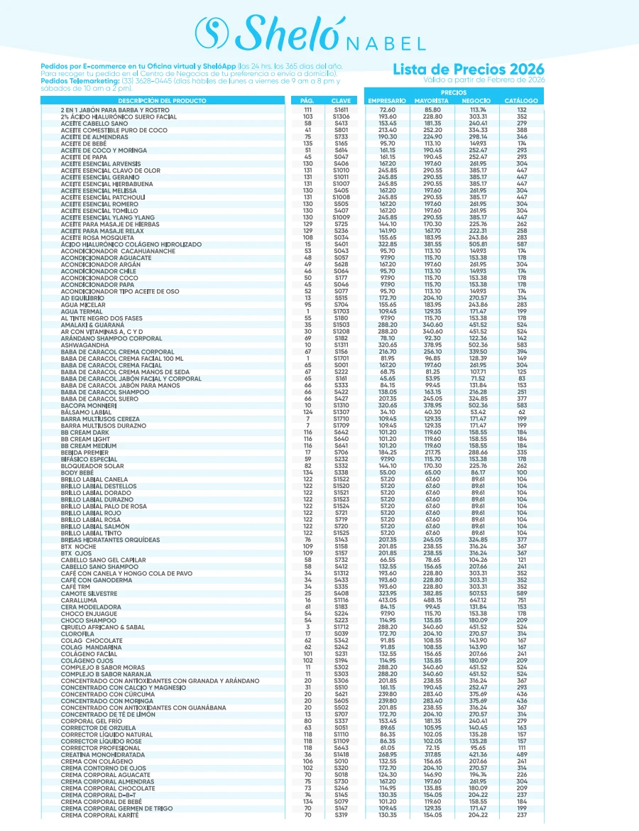 Primera página de la Lista de precios Sheló Nabel 2026